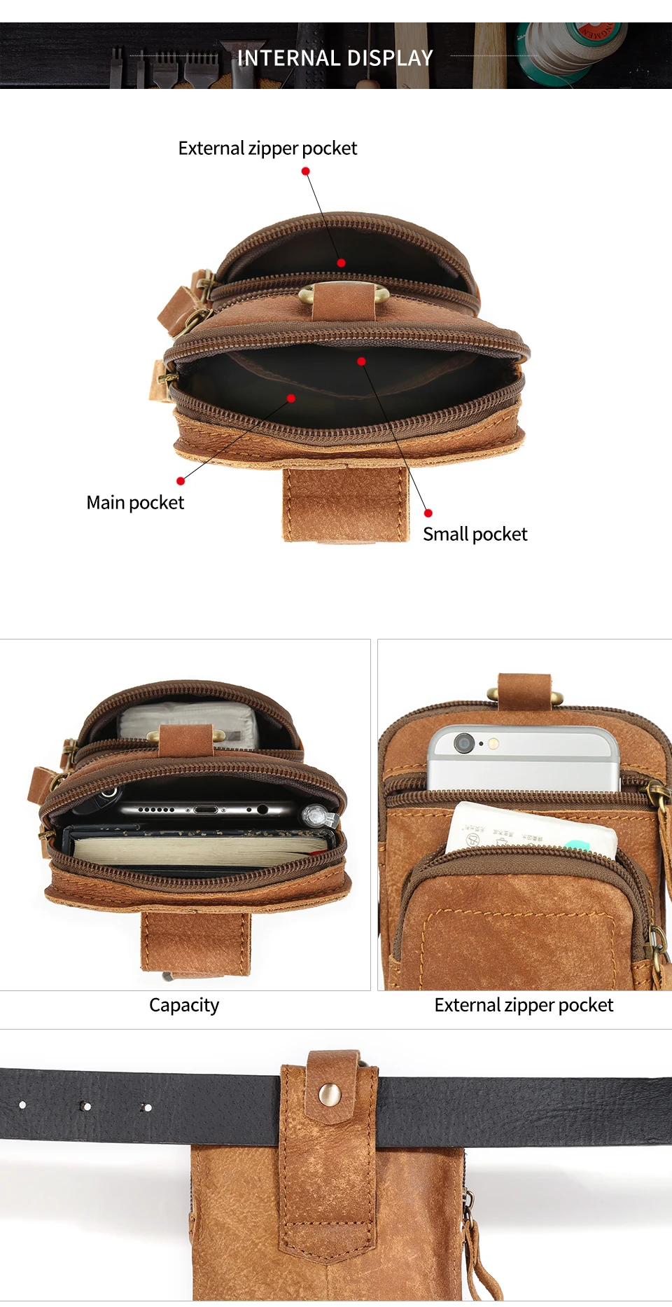 JOYIR Men's Leather Waist Bag Vintage Cowhide Leather Man Belt Pouch Casual Male Fanny Pack Waist Pack Phone Pouch New