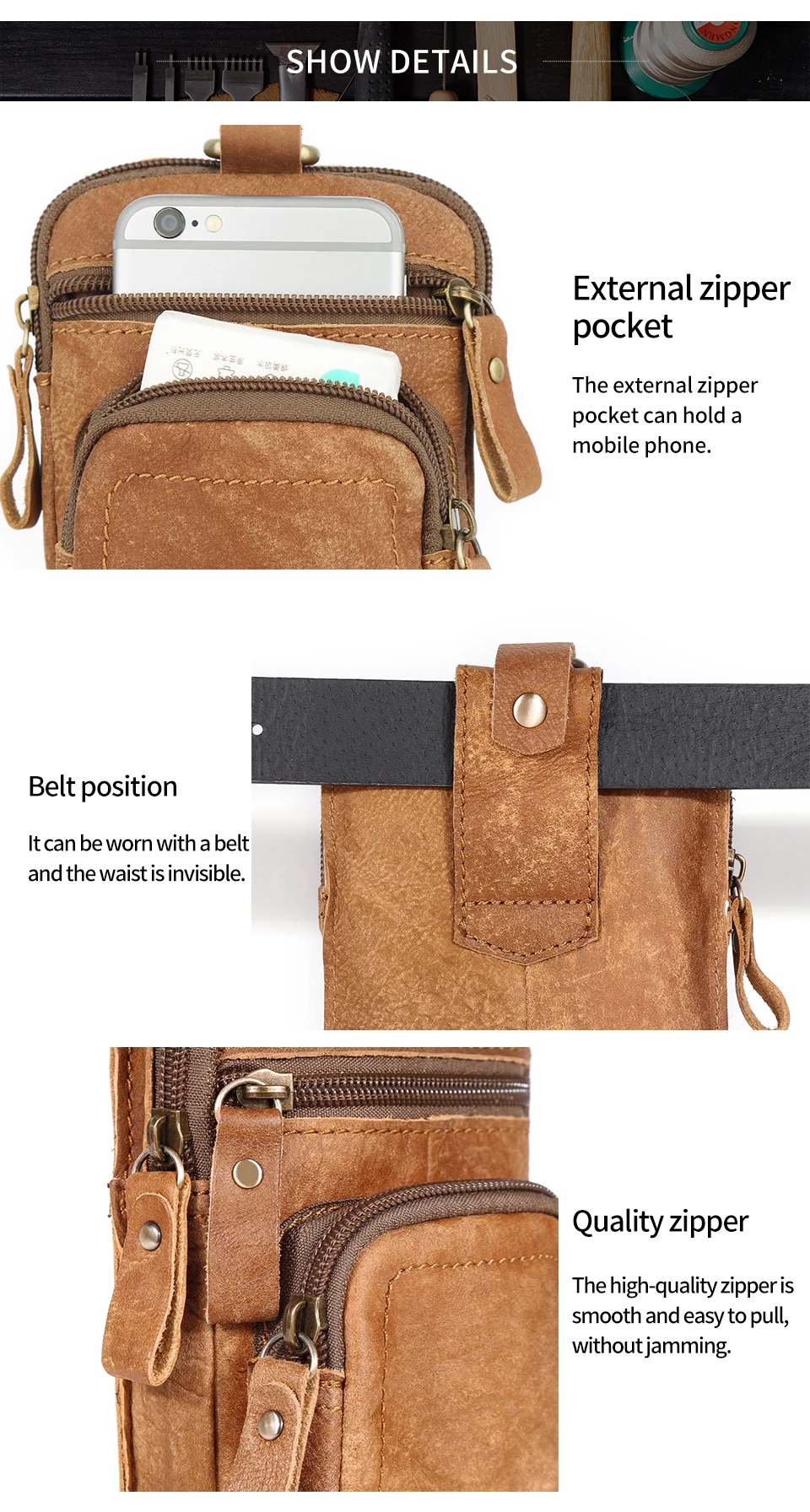 JOYIR Men's Leather Waist Bag Vintage Cowhide Leather Man Belt Pouch Casual Male Fanny Pack Waist Pack Phone Pouch New