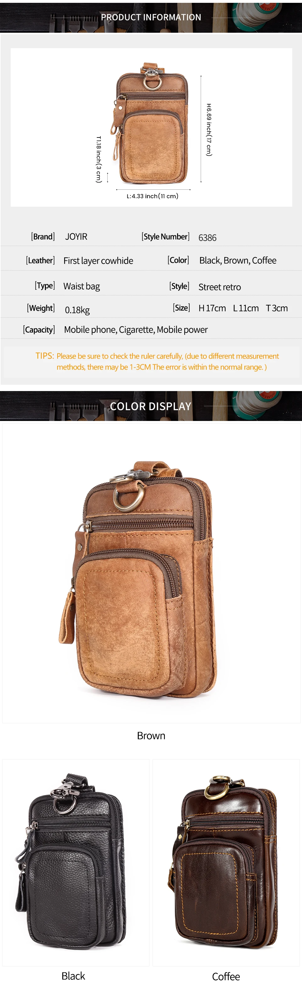 JOYIR Men's Leather Waist Bag Vintage Cowhide Leather Man Belt Pouch Casual Male Fanny Pack Waist Pack Phone Pouch New