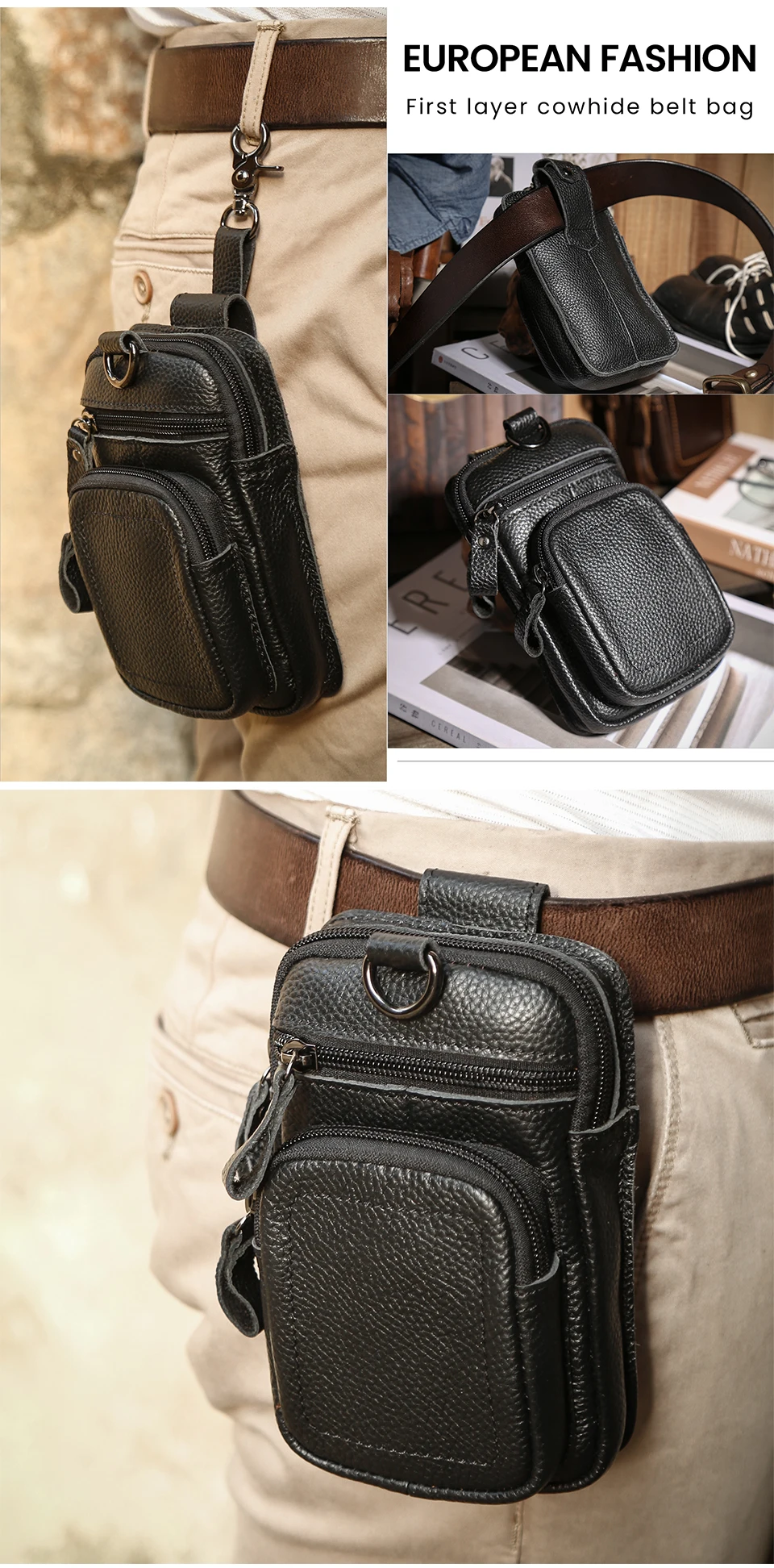 JOYIR Men's Leather Waist Bag Vintage Cowhide Leather Man Belt Pouch Casual Male Fanny Pack Waist Pack Phone Pouch New