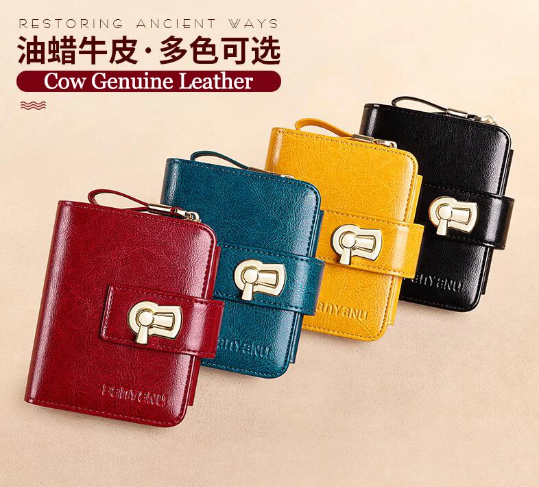 Fashion Women's Wallet Small Zipper Card Holder Coin Bag Large Capacity Cowhide Genuine Leather Purse for Girls Birthday Gifts