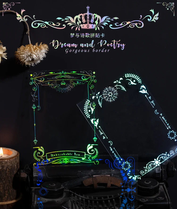 Yoofun 12pcs/pack Dream And Poetry Cool Collage Card PVC Creative Iron Silver Rainbow Decor Papers for Scrapbooking Journal