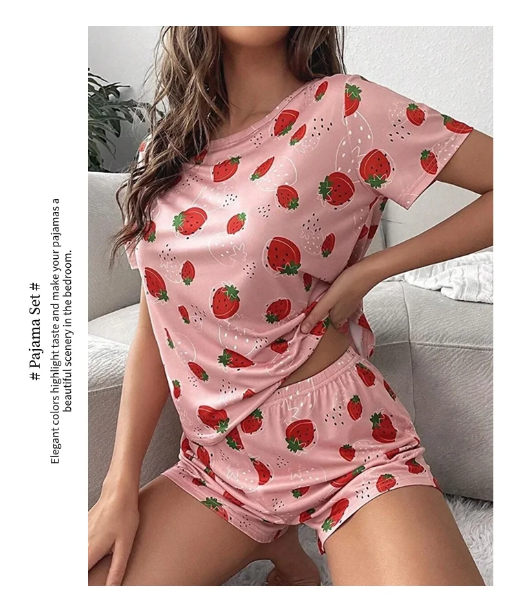 Women's Sleepwear Cute Strawberry Print Pajama Pj Set Summer Short Sleeve Top & Shorts Loungewear Soft Comfortable Home Clothing