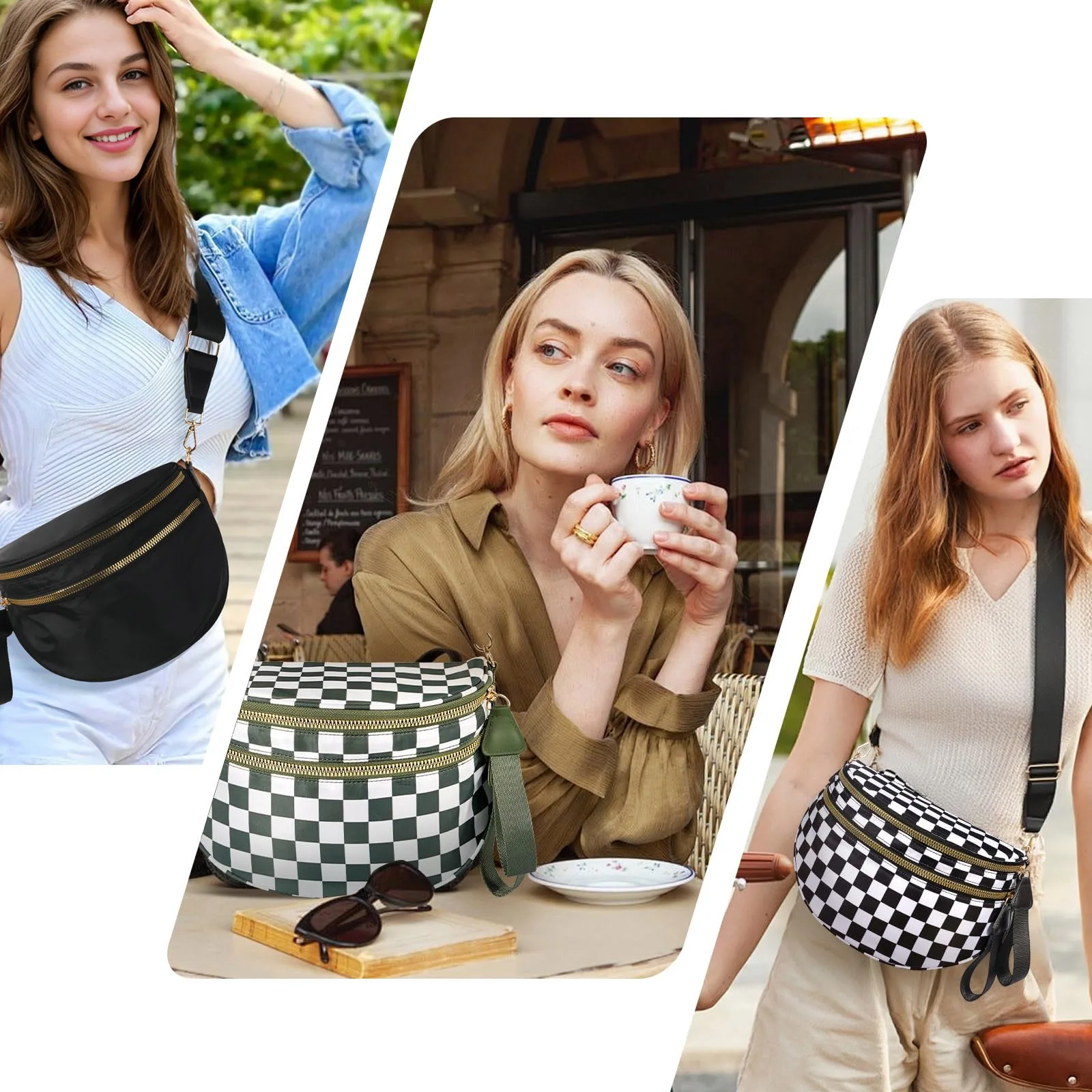 DOYOGI Black and White Checkered Spacious Bum Bag Crossbody Bags for Women Nylon Travel Essentials Mommy Bag Diaper Bag for Mom