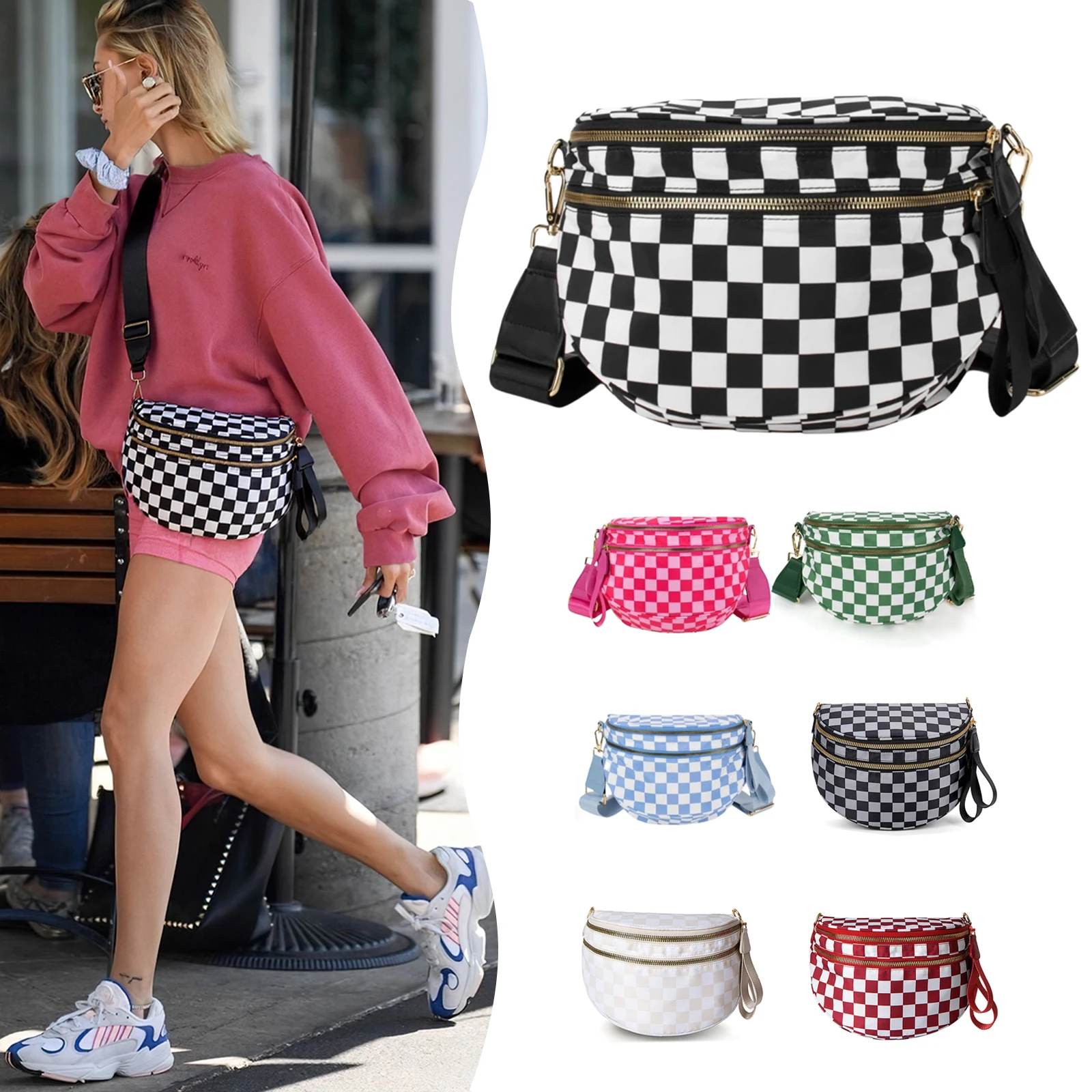DOYOGI Black and White Checkered Spacious Bum Bag Crossbody Bags for Women Nylon Travel Essentials Mommy Bag Diaper Bag for Mom