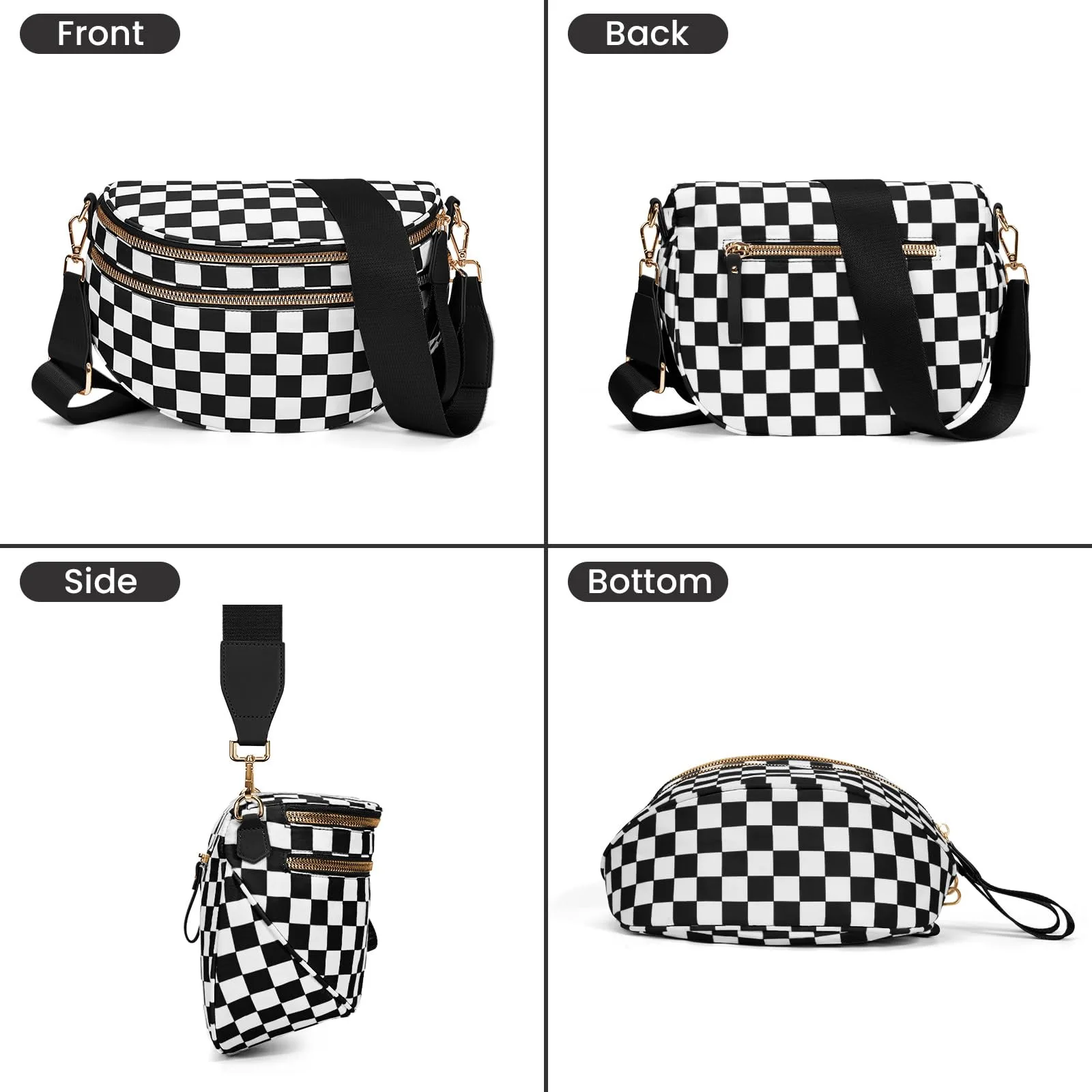 DOYOGI Black and White Checkered Spacious Bum Bag Crossbody Bags for Women Nylon Travel Essentials Mommy Bag Diaper Bag for Mom