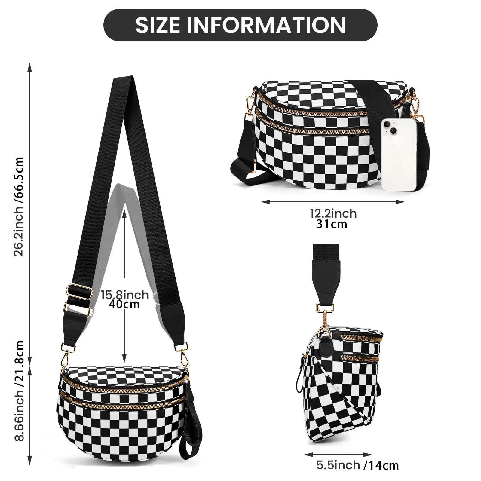 DOYOGI Black and White Checkered Spacious Bum Bag Crossbody Bags for Women Nylon Travel Essentials Mommy Bag Diaper Bag for Mom