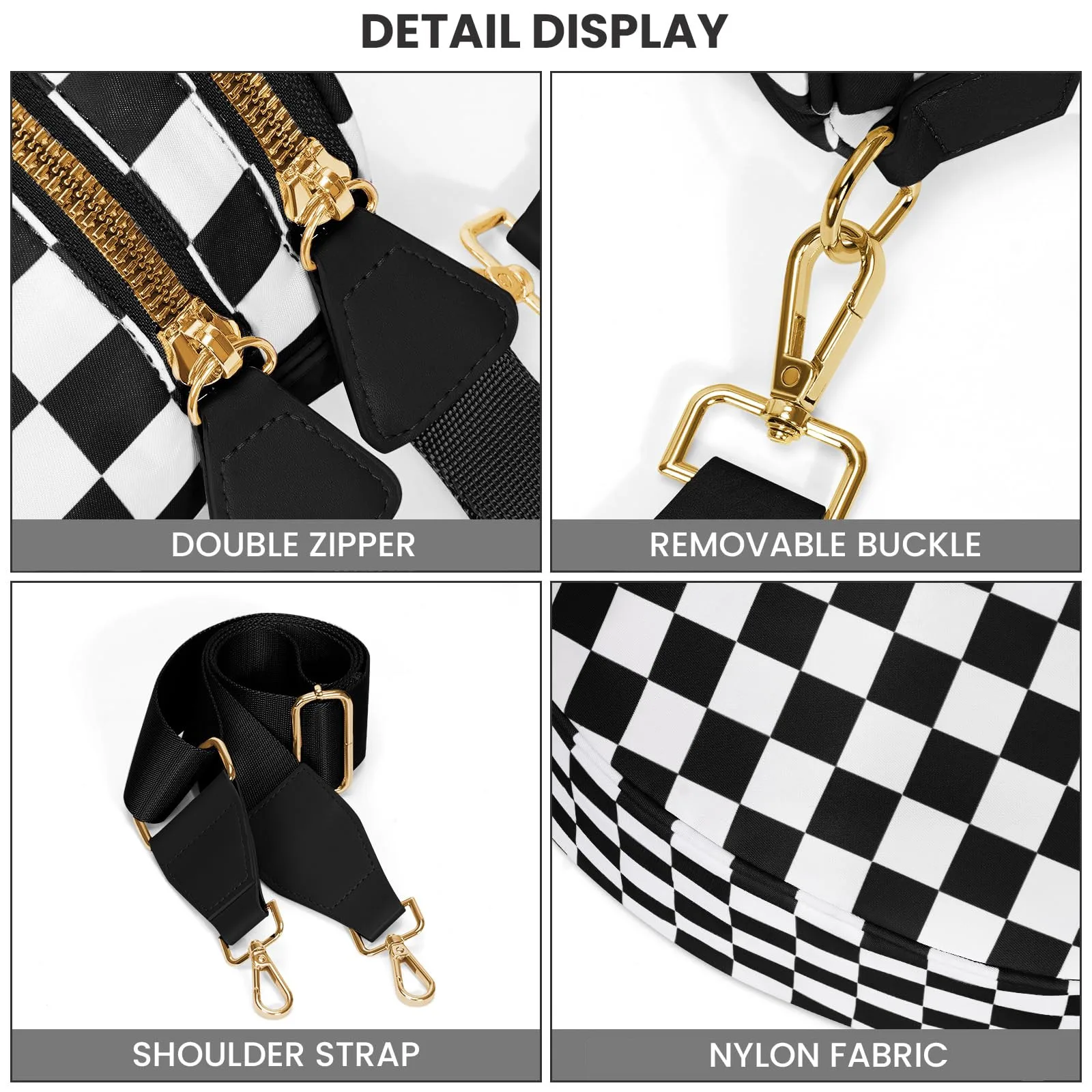 DOYOGI Black and White Checkered Spacious Bum Bag Crossbody Bags for Women Nylon Travel Essentials Mommy Bag Diaper Bag for Mom