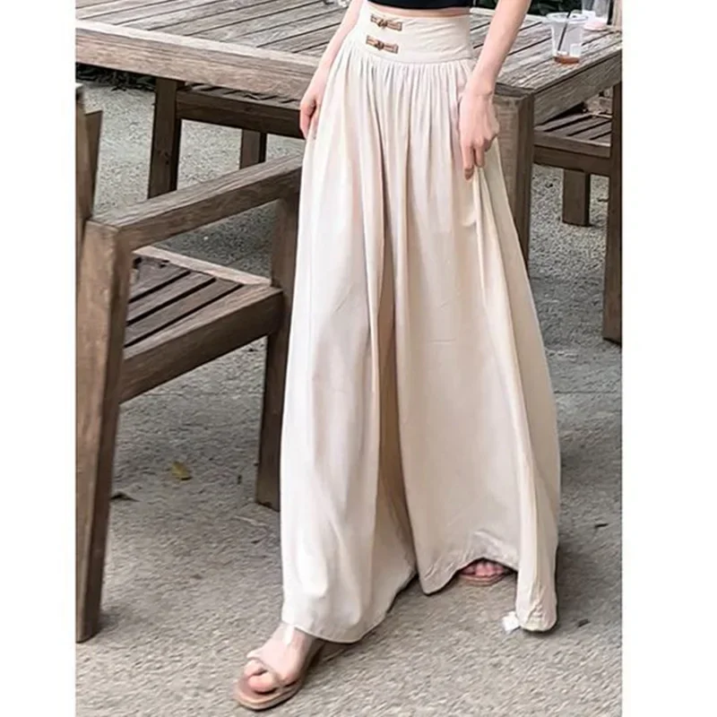 Summer Women Chinese Traditional Pants Lady Comfortable Baggy Wide Leg Straight Leg Trousers Female Fashion High Waisted Slacks