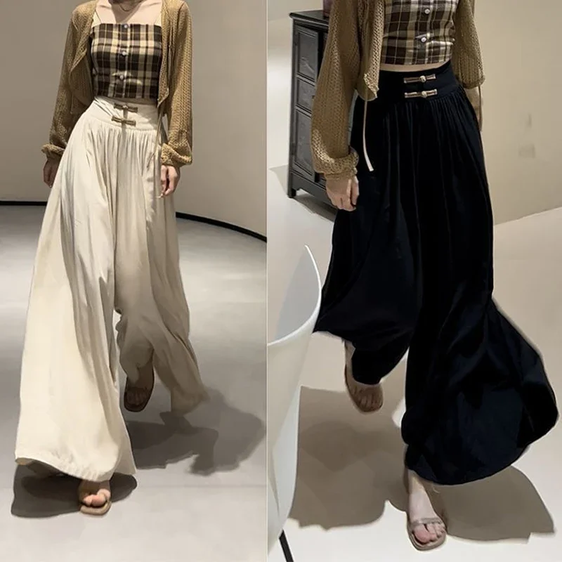 Summer Women Chinese Traditional Pants Lady Comfortable Baggy Wide Leg Straight Leg Trousers Female Fashion High Waisted Slacks