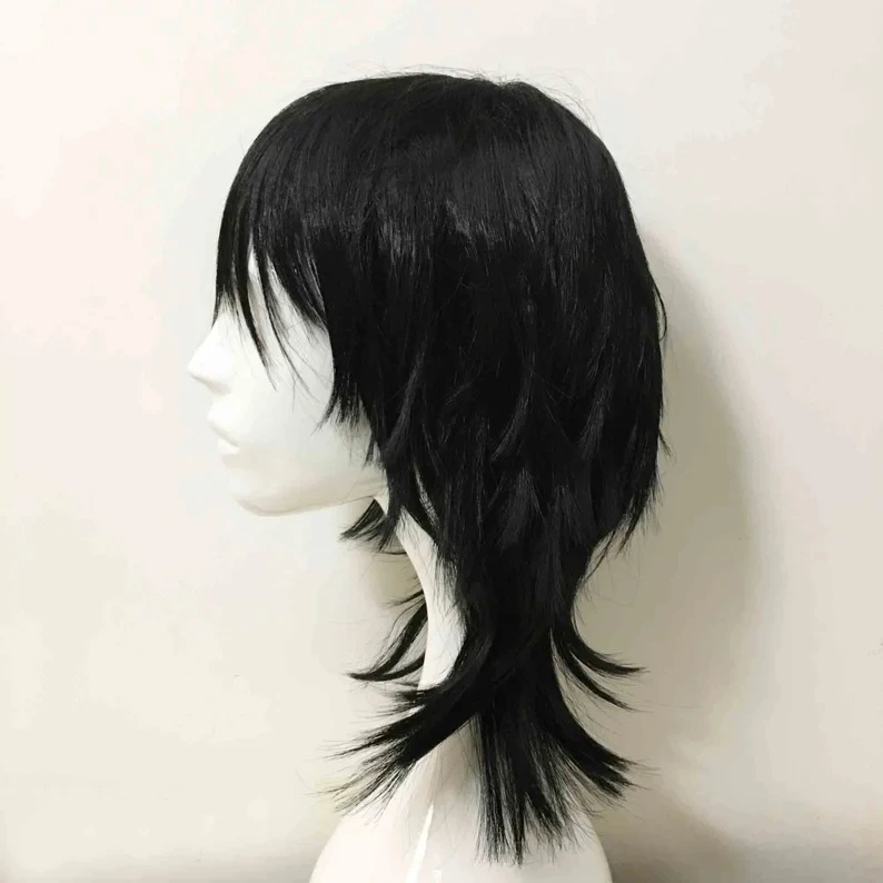Emo Wig Unisex Black Mullet Style Wig Layered Bangs Wig Medium Length Straight Cosplay Anime Wig
