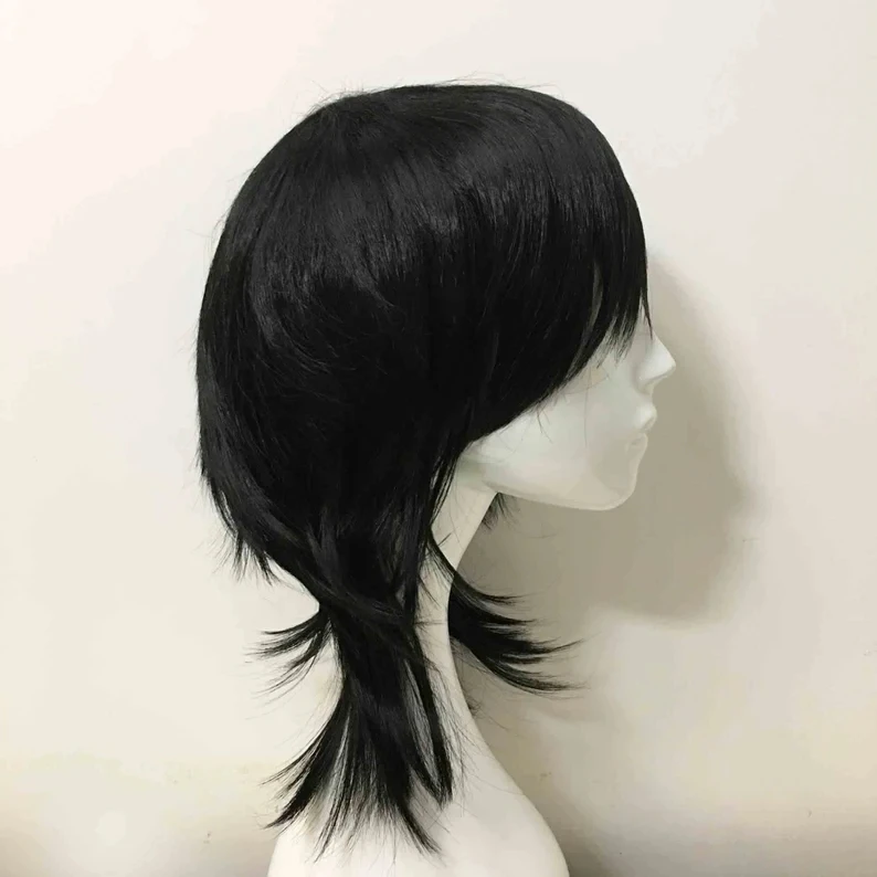 Emo Wig Unisex Black Mullet Style Wig Layered Bangs Wig Medium Length Straight Cosplay Anime Wig