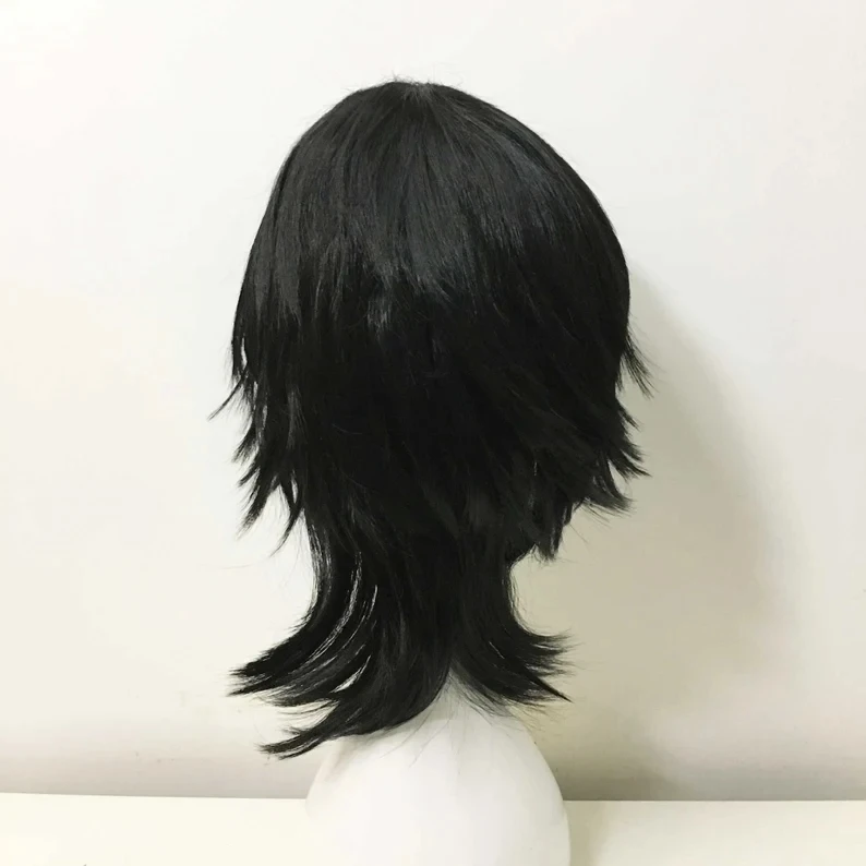 Emo Wig Unisex Black Mullet Style Wig Layered Bangs Wig Medium Length Straight Cosplay Anime Wig