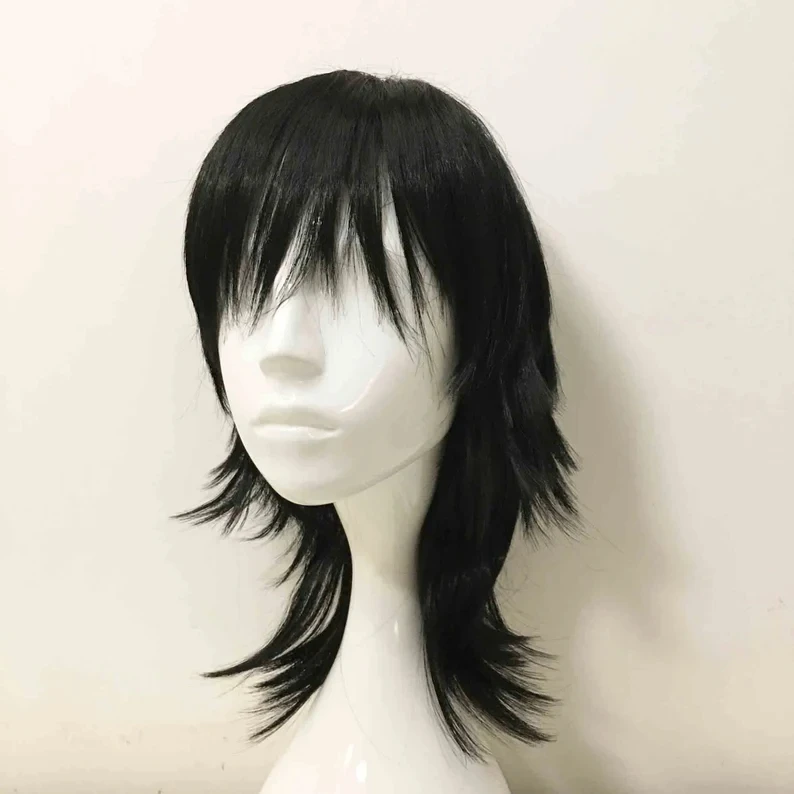 Emo Wig Unisex Black Mullet Style Wig Layered Bangs Wig Medium Length Straight Cosplay Anime Wig