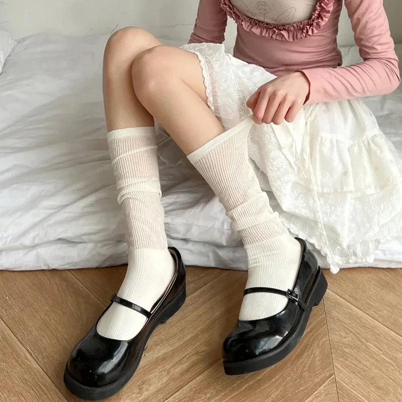 1/2 Pairs Women Lolita Thin Mid Length Socks Are Comfortable Breathable Knee-socks Lace Casual Soft Solid Simple Vertical Socks