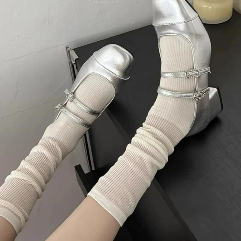 1/2 Pairs Women Lolita Thin Mid Length Socks Are Comfortable Breathable Knee-socks Lace Casual Soft Solid Simple Vertical Socks