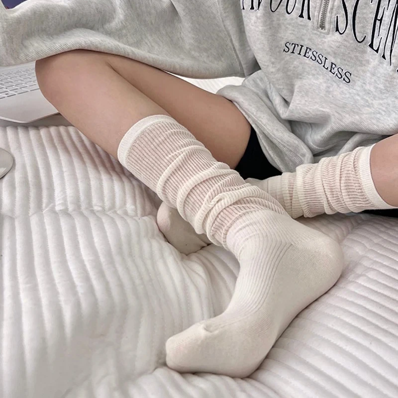 1/2 Pairs Women Lolita Thin Mid Length Socks Are Comfortable Breathable Knee-socks Lace Casual Soft Solid Simple Vertical Socks