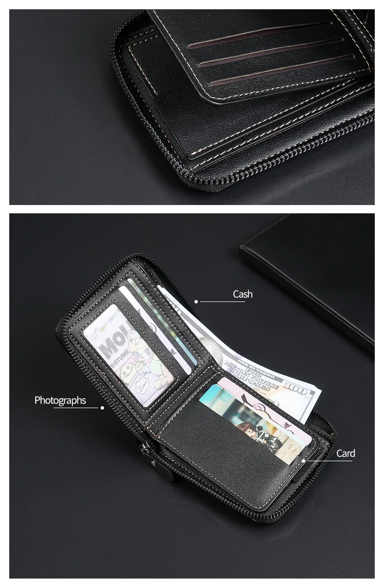 Leather Men’s Wallet Luxury Mens Purse Male Zipper Card Holders with Coin Pocket Rfid Wallets Gifts for Men Money Bag