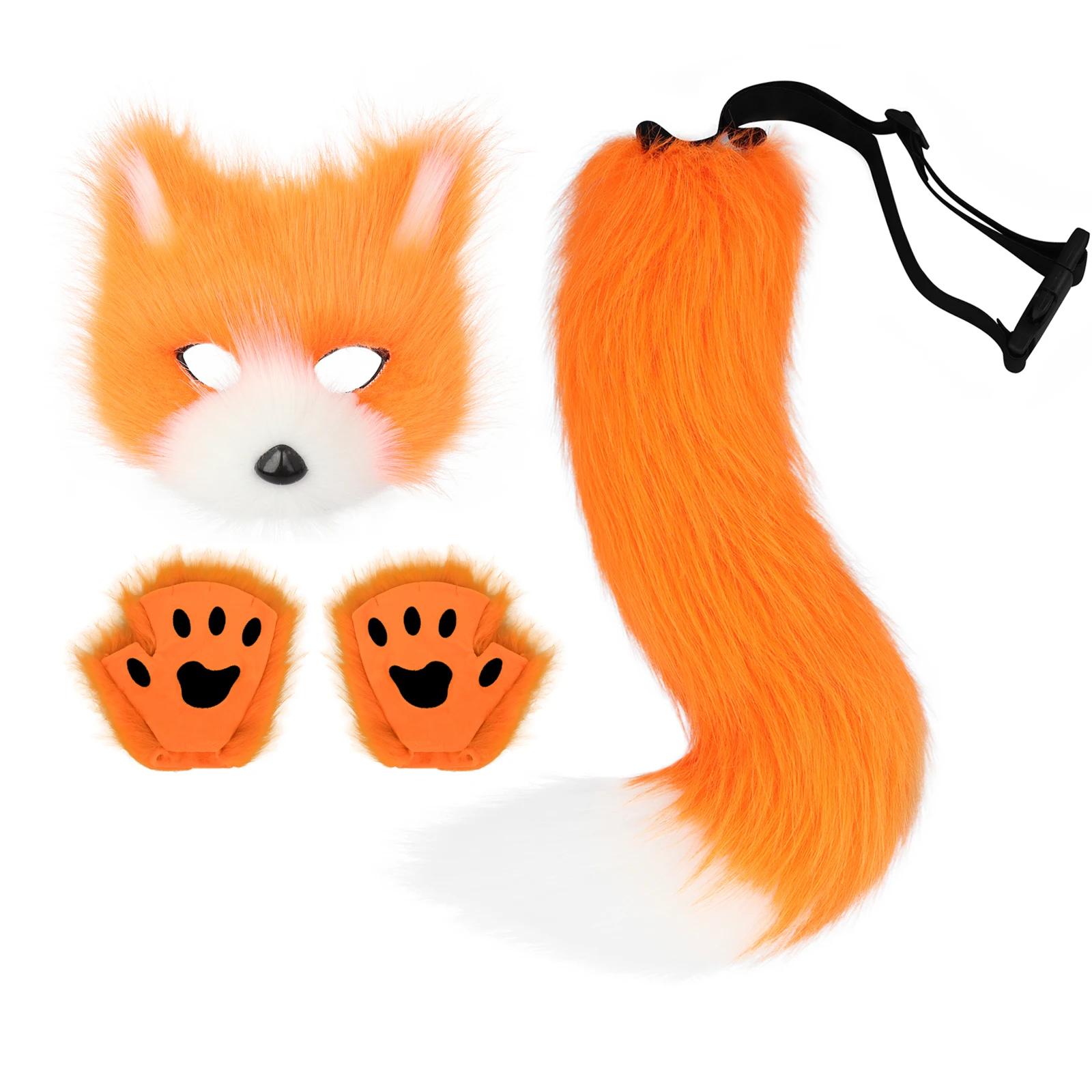 Girls Women Faux Fur Fox Tail Cat Wolf Cosplay Costume Set Plush Mask Fluffy Paw Gloves Halloween Christmas Party