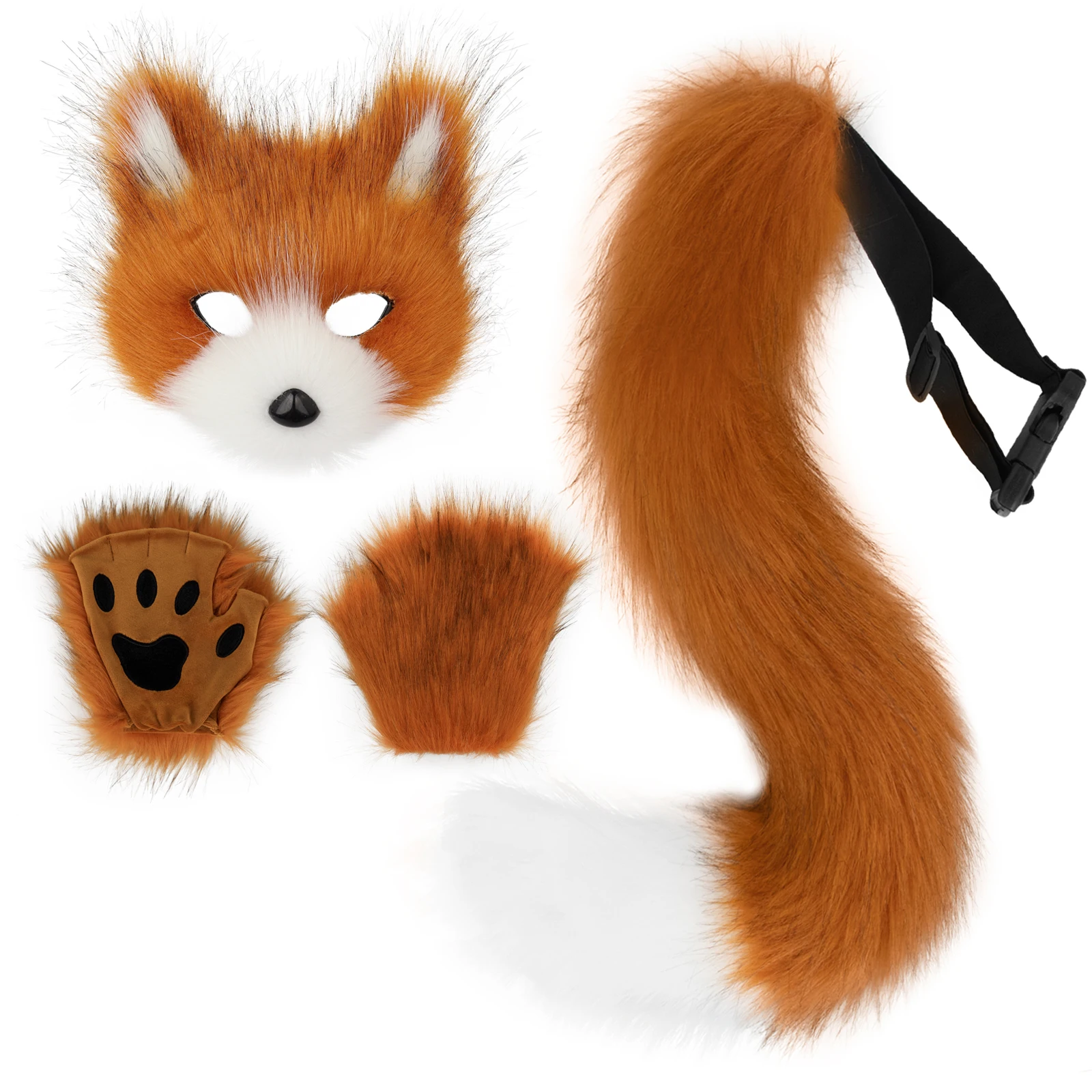 Girls Women Faux Fur Fox Tail Cat Wolf Cosplay Costume Set Plush Mask Fluffy Paw Gloves Halloween Christmas Party