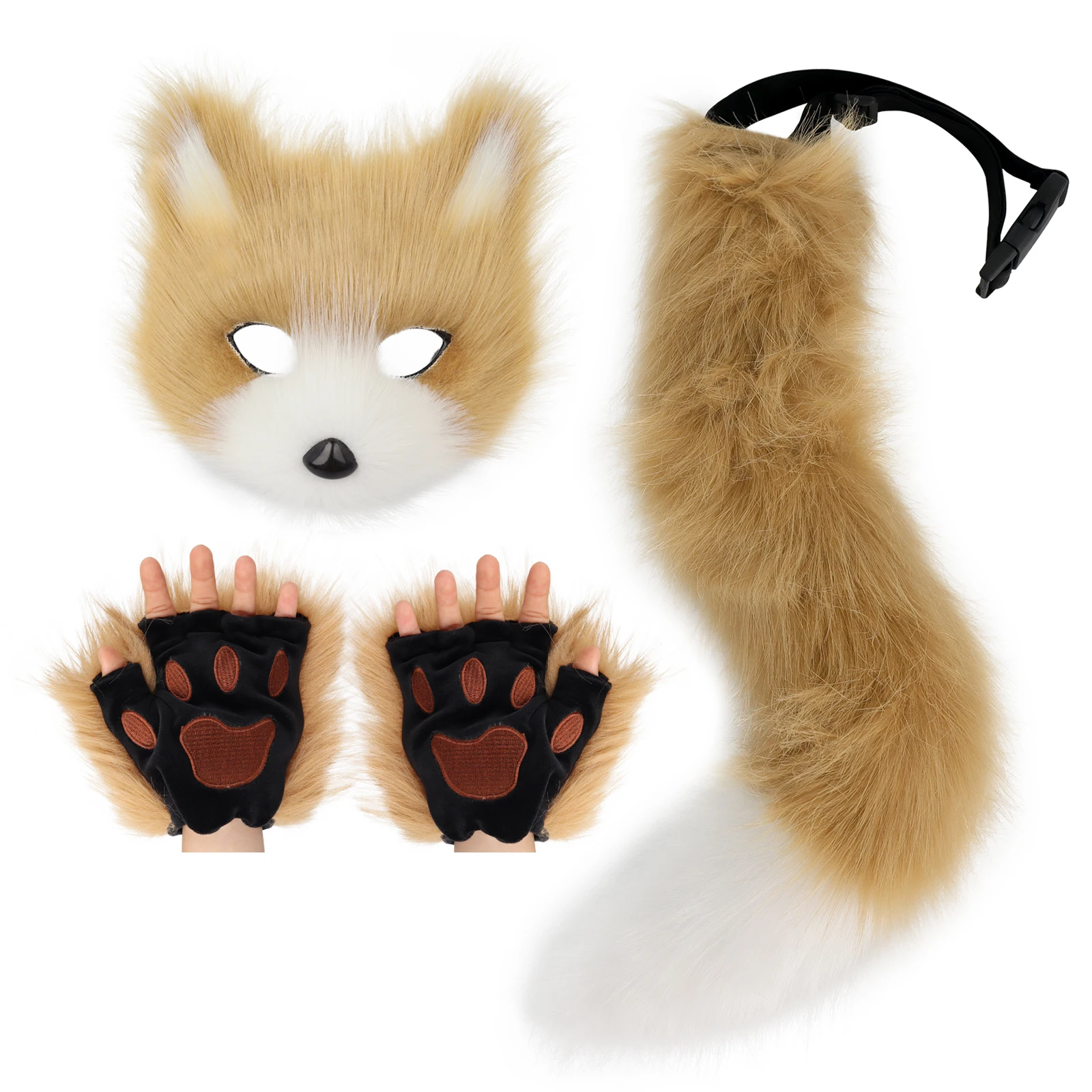 Girls Women Faux Fur Fox Tail Cat Wolf Cosplay Costume Set Plush Mask Fluffy Paw Gloves Halloween Christmas Party