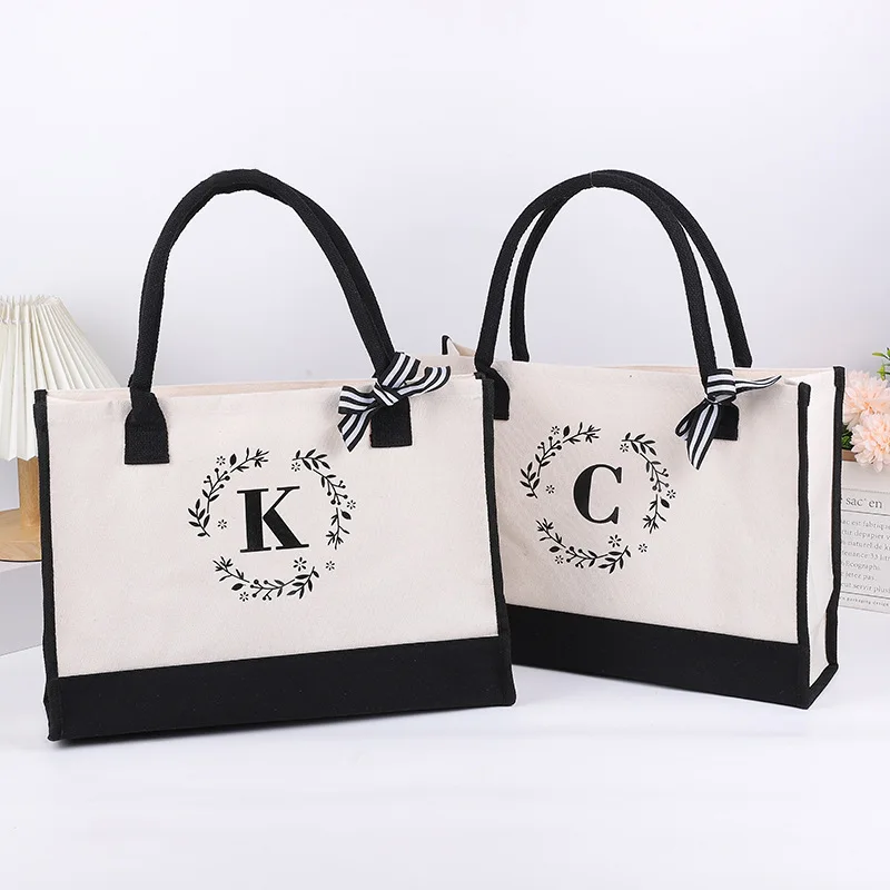 Canvas Tote Bags Letter Beach Bag Birthday WeddingGift Personalized Boutique Business Logo Fashion Big Capacity Shopping Bolsos