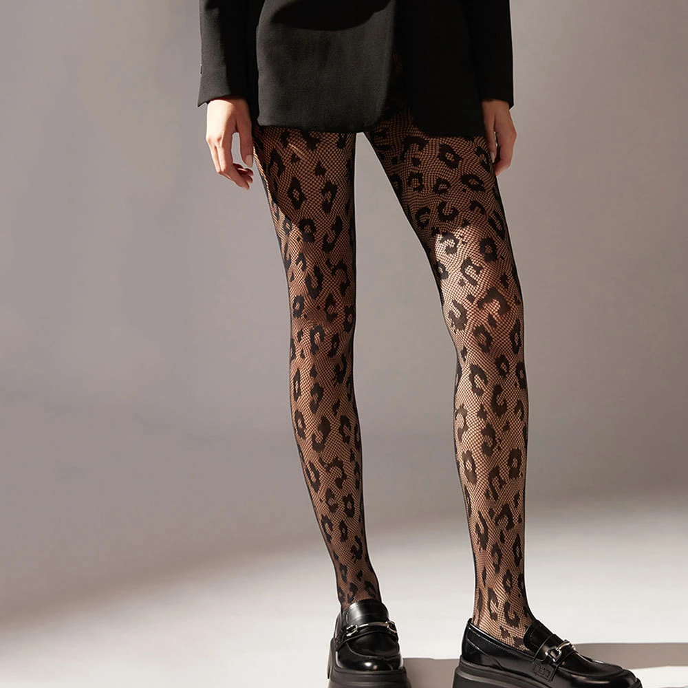 New Purple Leopard Pantyhose for Women Costumes Erotic Lingerie High Parties Fishnet Thigh High Stockings Black Fashion Tights