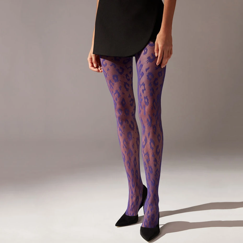 New Purple Leopard Pantyhose for Women Costumes Erotic Lingerie High Parties Fishnet Thigh High Stockings Black Fashion Tights