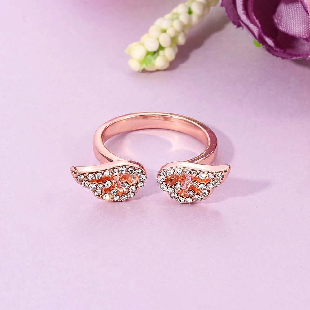 Korean Style Angel Wings Ring Adjustable Rhinestone Finger Rings For Women Silver Color Female Party Birthday Jewelry Gift