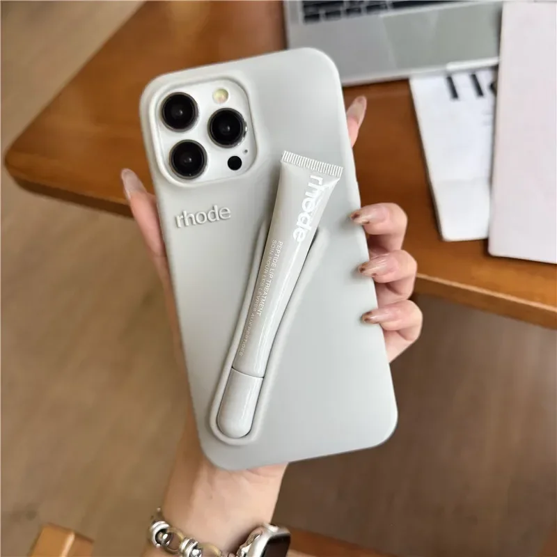 For iPhone 16 12 13 14 15 11 Pro Max Plus 17 Fashion Rhode Phone Case Gray Toast Espresso Ribbon Lip Gloss Holder Silicone Cover