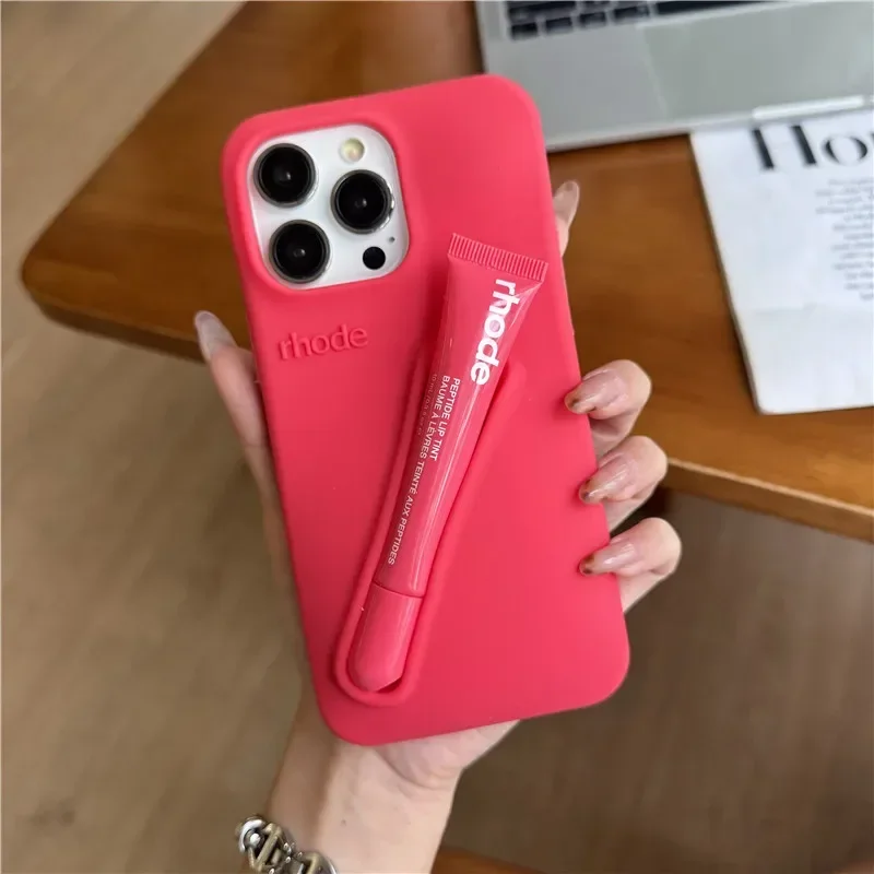For iPhone 16 12 13 14 15 11 Pro Max Plus 17 Fashion Rhode Phone Case Gray Toast Espresso Ribbon Lip Gloss Holder Silicone Cover
