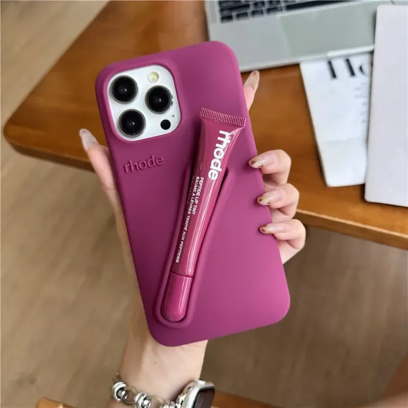 For iPhone 16 12 13 14 15 11 Pro Max Plus 17 Fashion Rhode Phone Case Gray Toast Espresso Ribbon Lip Gloss Holder Silicone Cover