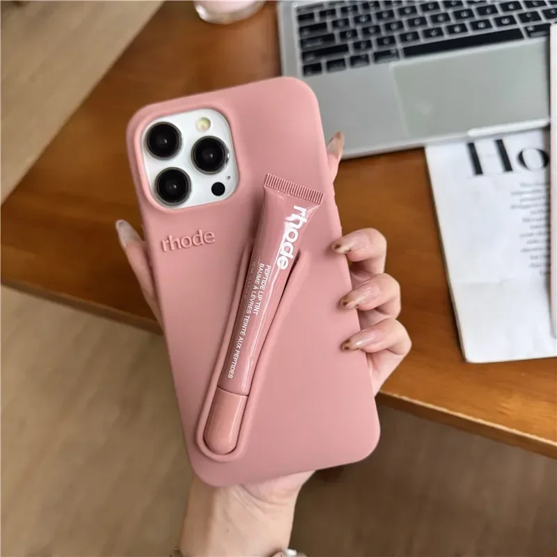 For iPhone 16 12 13 14 15 11 Pro Max Plus 17 Fashion Rhode Phone Case Gray Toast Espresso Ribbon Lip Gloss Holder Silicone Cover