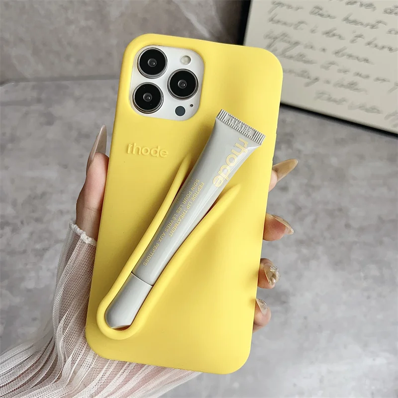 For iPhone 16 12 13 14 15 11 Pro Max Plus 17 Fashion Rhode Phone Case Gray Toast Espresso Ribbon Lip Gloss Holder Silicone Cover