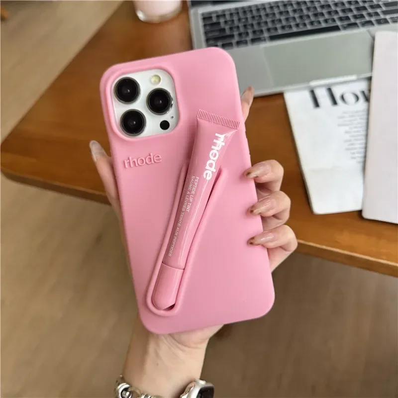 For iPhone 16 12 13 14 15 11 Pro Max Plus 17 Fashion Rhode Phone Case Gray Toast Espresso Ribbon Lip Gloss Holder Silicone Cover