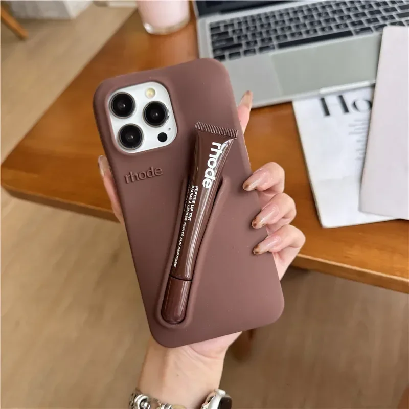 For iPhone 16 12 13 14 15 11 Pro Max Plus 17 Fashion Rhode Phone Case Gray Toast Espresso Ribbon Lip Gloss Holder Silicone Cover