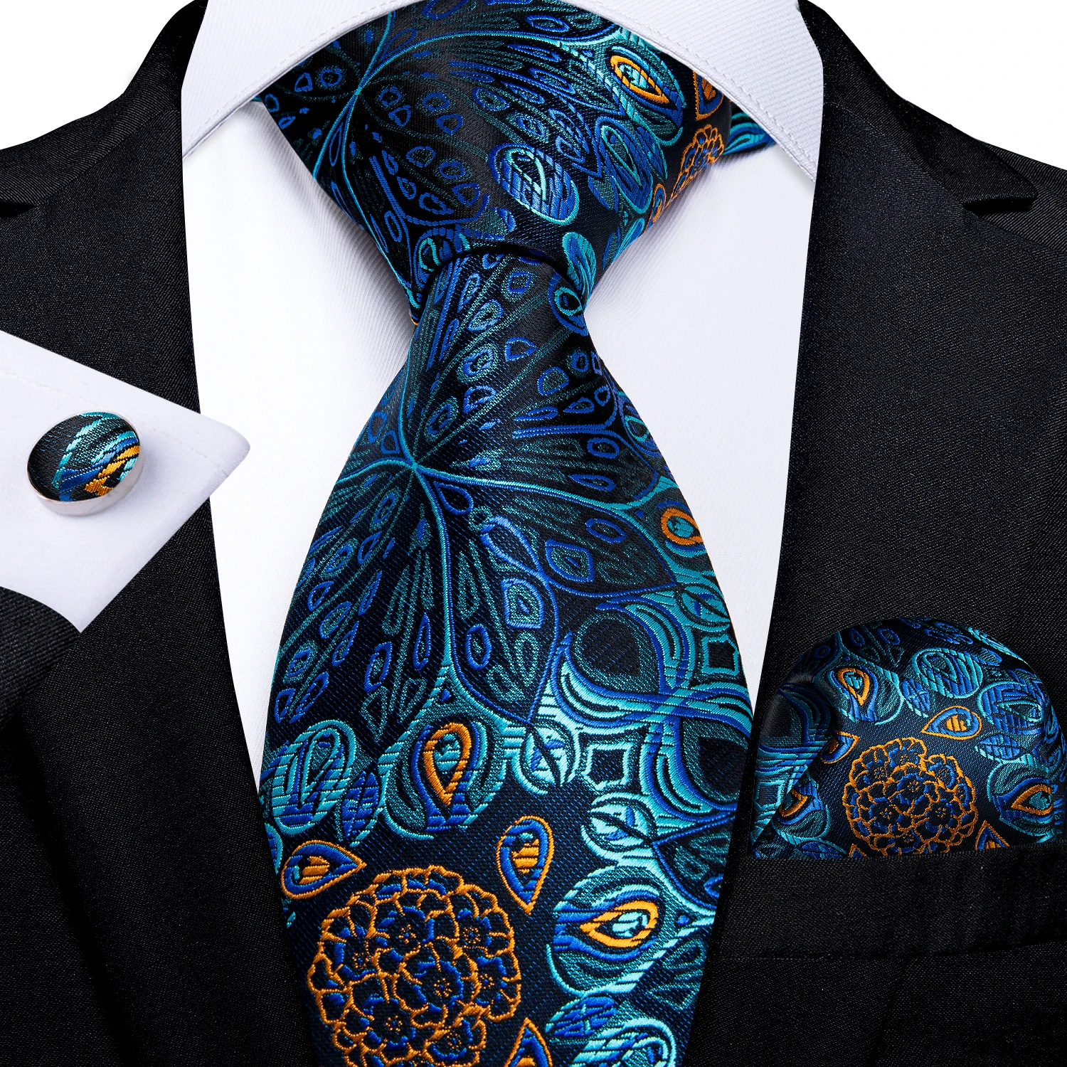 Men Tie Orange Paisley Luxury Polyester Wedding Prom 8cm Necktie Set Pocket Square Cufflinks Gift for Husband Men Accessory
