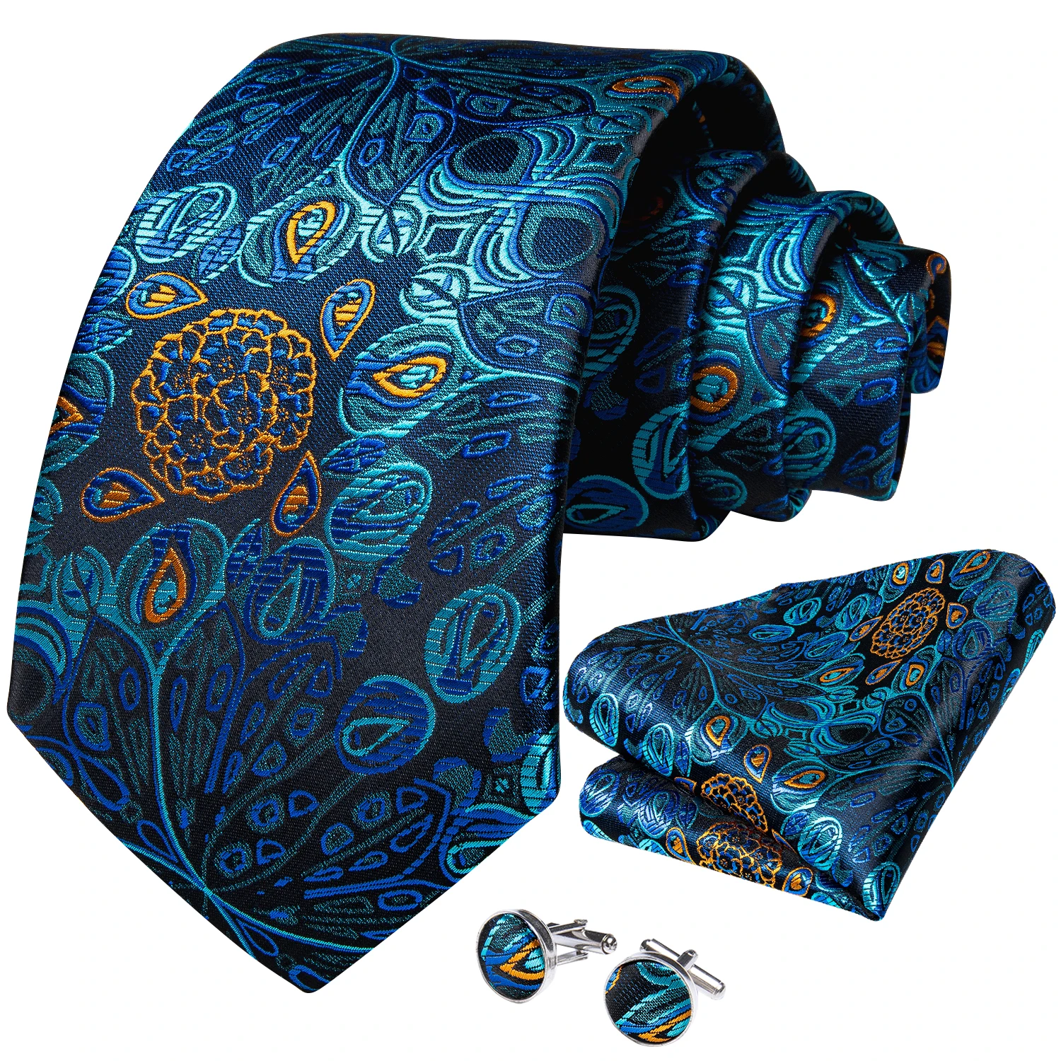 Men Tie Orange Paisley Luxury Polyester Wedding Prom 8cm Necktie Set Pocket Square Cufflinks Gift for Husband Men Accessory