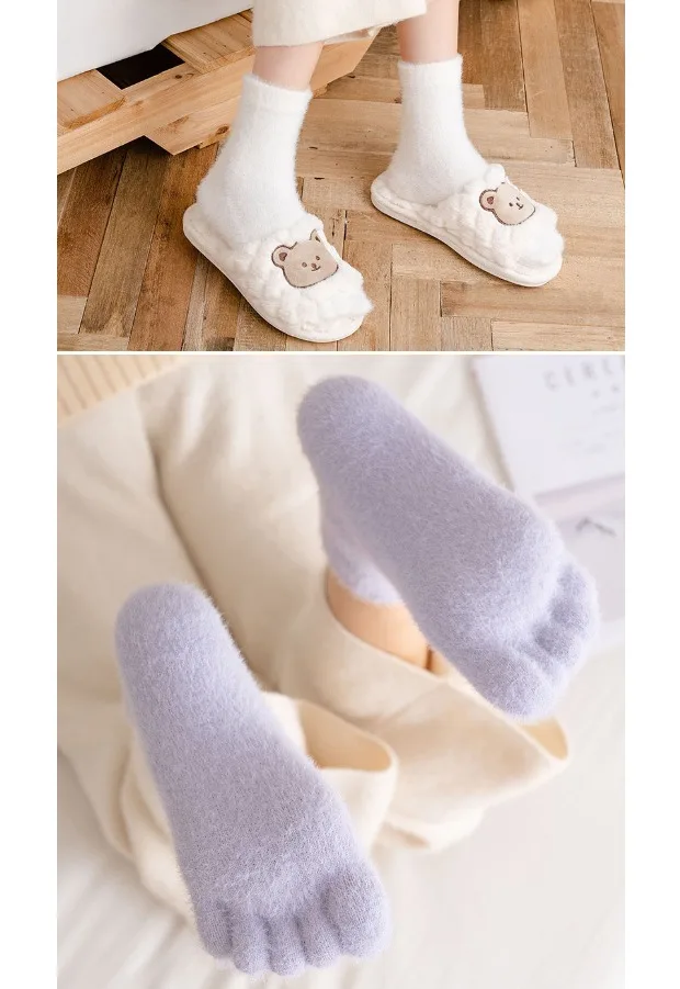 Women Girls Thick Five Finger Socks Winter Warm Colorful Coral Fleece Fluffy Toe Socks Soft Cozy Hosiery Female Floor Slippers