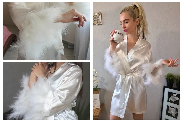 White Feather Robe With Fur Full Sleeves Sleepwear Satin Robes For Women Nightgown Bride Robe Gown Dress Bathrobe Female