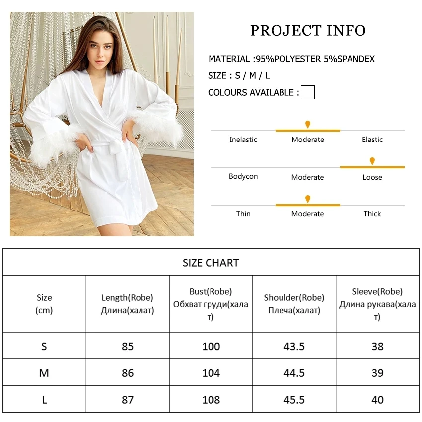 White Feather Robe With Fur Full Sleeves Sleepwear Satin Robes For Women Nightgown Bride Robe Gown Dress Bathrobe Female