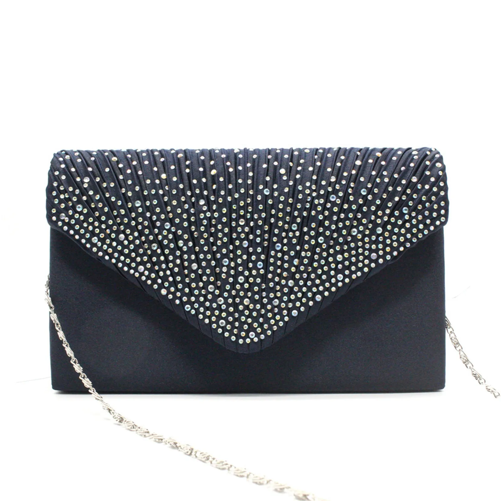 Women'S Fashion Elegant Clutches Trend Satin Rhinestone Shoulder Bag With Thin Chain Party Banquet Dress Matching Evening Bags