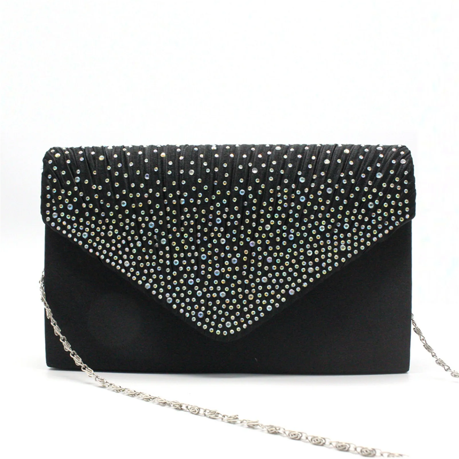 Women'S Fashion Elegant Clutches Trend Satin Rhinestone Shoulder Bag With Thin Chain Party Banquet Dress Matching Evening Bags