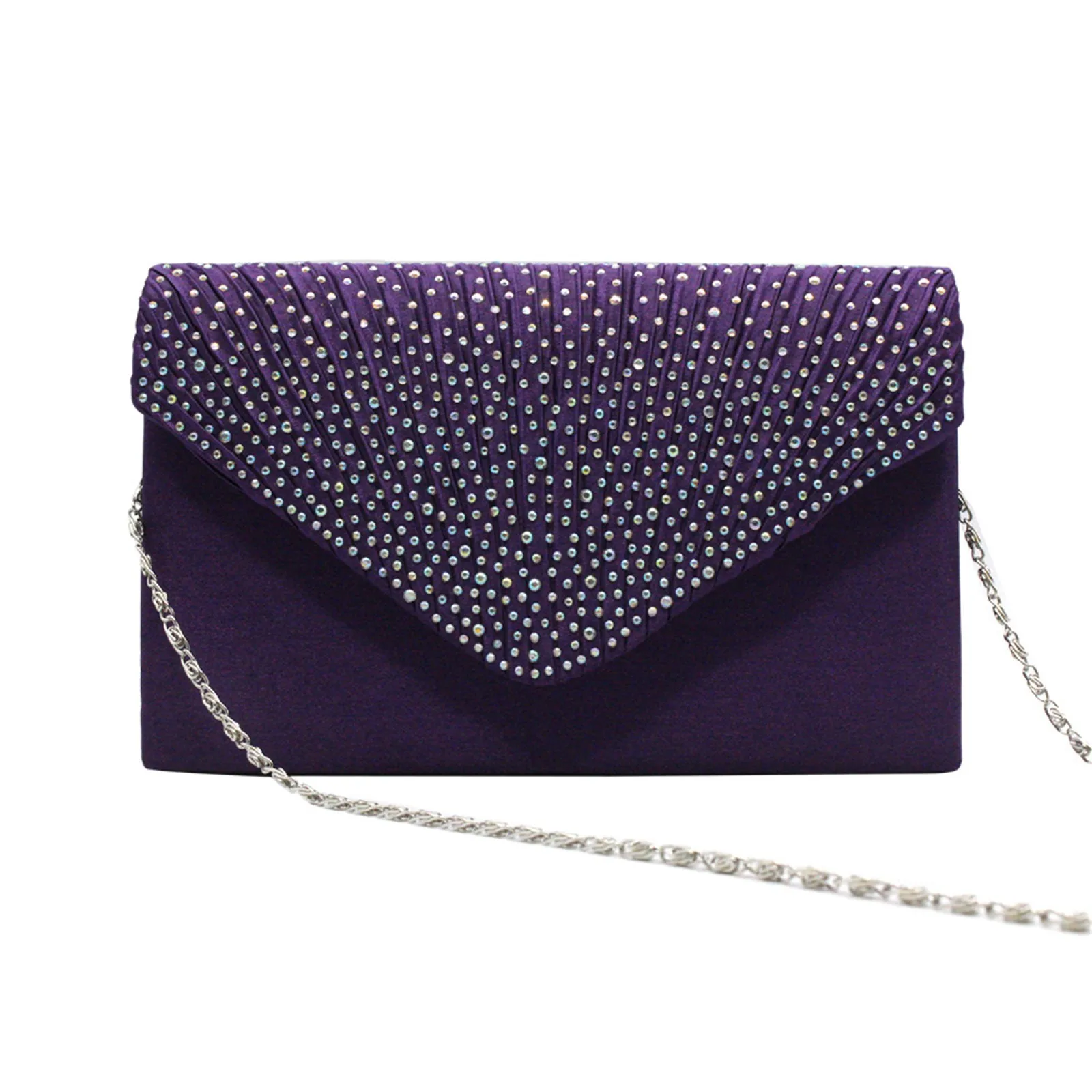 Women'S Fashion Elegant Clutches Trend Satin Rhinestone Shoulder Bag With Thin Chain Party Banquet Dress Matching Evening Bags