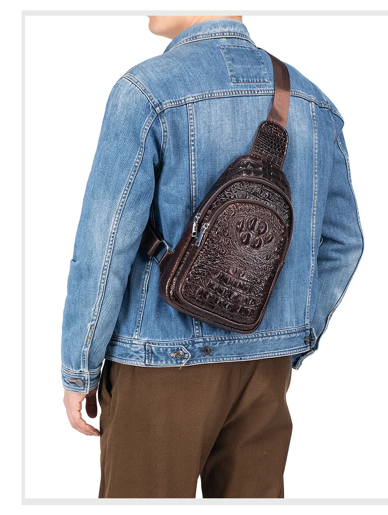 SCHLATUM Men's Genuine Leather Vintage Crocodile Pattern Chest Bag Luxury Men Crossbody Travel Bag Multifunction Sling Bags