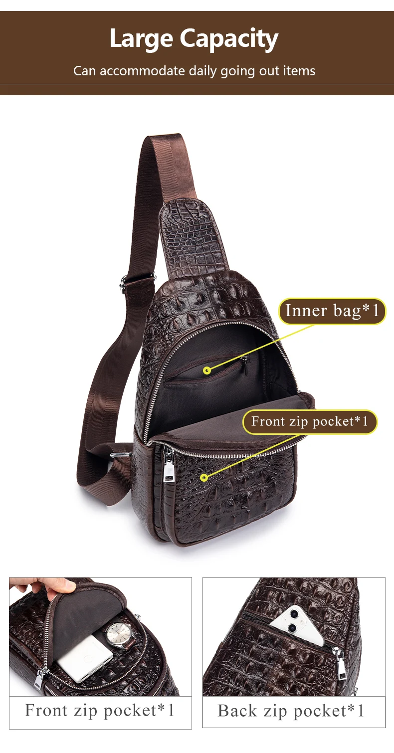 SCHLATUM Men's Genuine Leather Vintage Crocodile Pattern Chest Bag Luxury Men Crossbody Travel Bag Multifunction Sling Bags