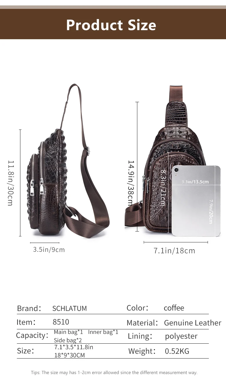 SCHLATUM Men's Genuine Leather Vintage Crocodile Pattern Chest Bag Luxury Men Crossbody Travel Bag Multifunction Sling Bags