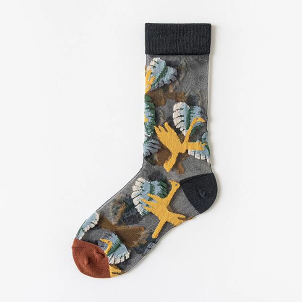 5 Pairs/Set France Hipster Design Glass Silk Floral Bird Funny Socks Women Transparent Art Ankle Socks Jacquard
