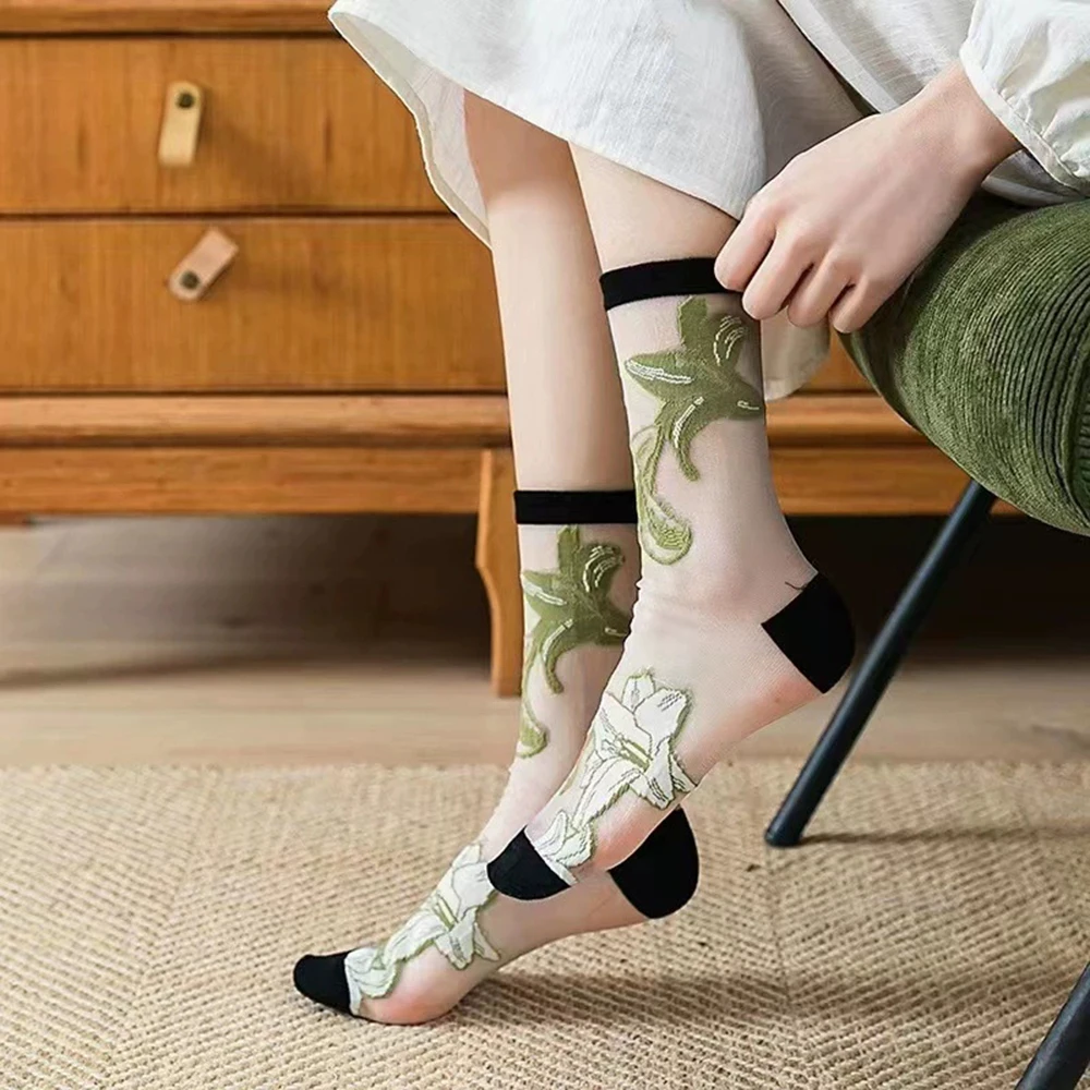 5 Pairs/Set France Hipster Design Glass Silk Floral Bird Funny Socks Women Transparent Art Ankle Socks Jacquard