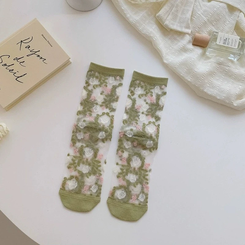 5 Pairs/Set France Hipster Design Glass Silk Floral Bird Funny Socks Women Transparent Art Ankle Socks Jacquard